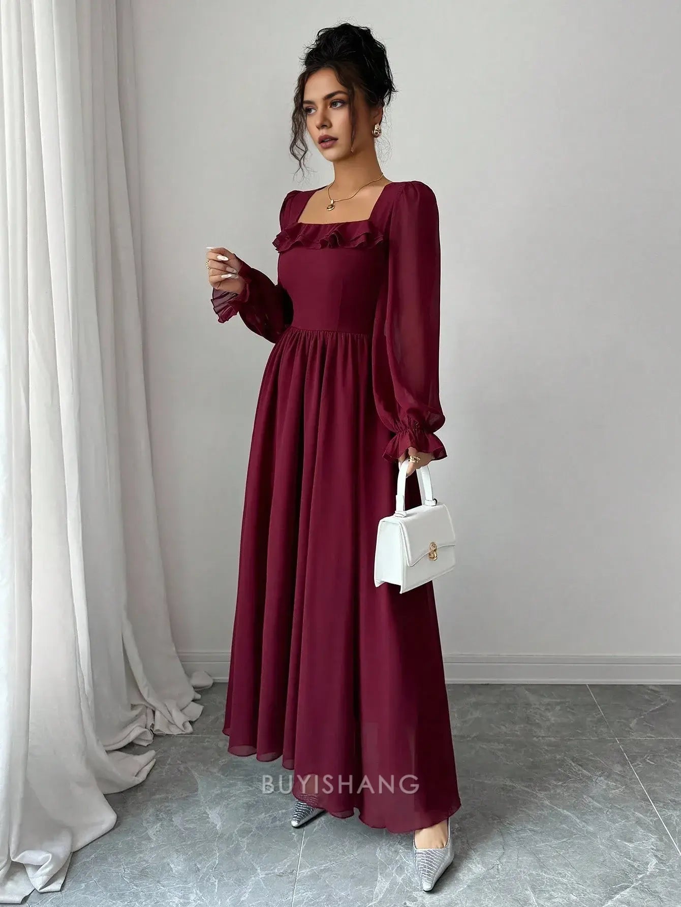 Elegant A-Line Square Neck Ruffle Detail Long Sleeve Chiffon Maxi Dress Prom Dress