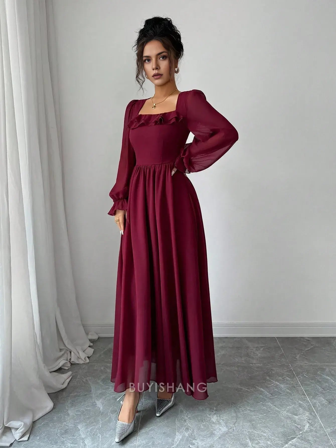 Elegant A-Line Square Neck Ruffle Detail Long Sleeve Chiffon Maxi Dress Prom Dress