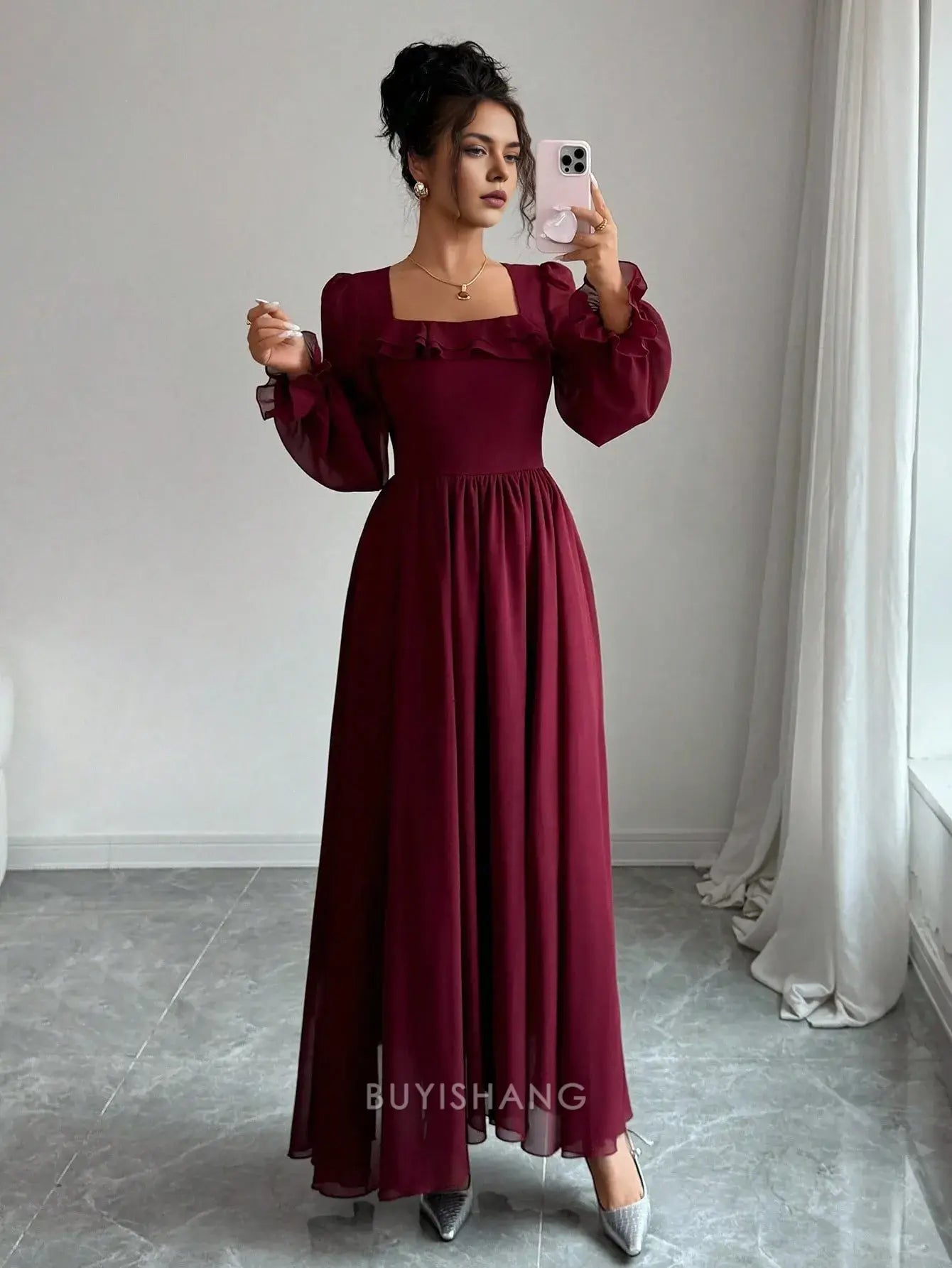 Elegant A-Line Square Neck Ruffle Detail Long Sleeve Chiffon Maxi Dress Prom Dress