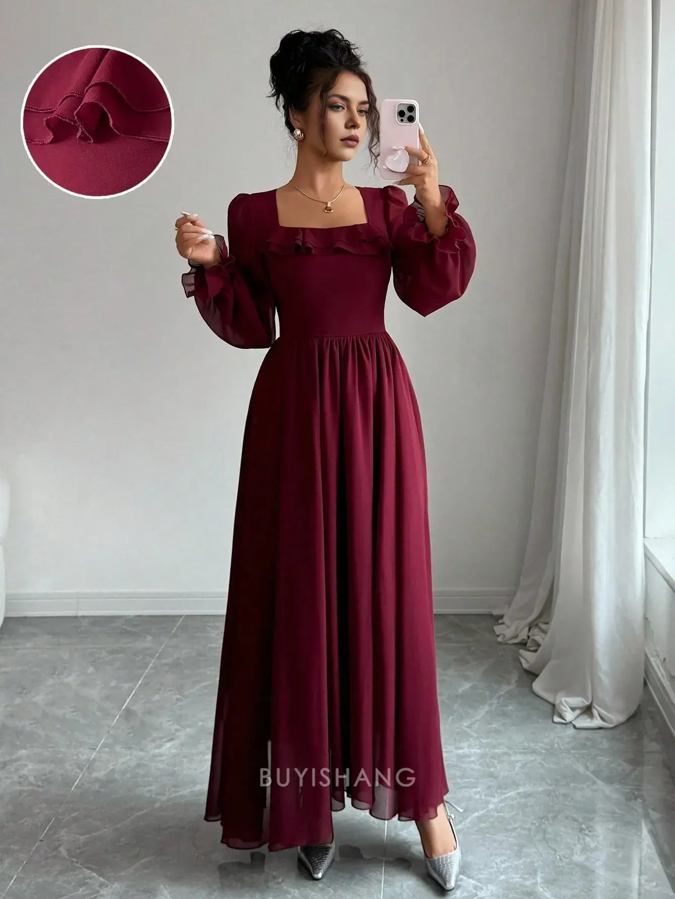 Elegant A-Line Square Neck Ruffle Detail Long Sleeve Chiffon Maxi Dress Prom Dress