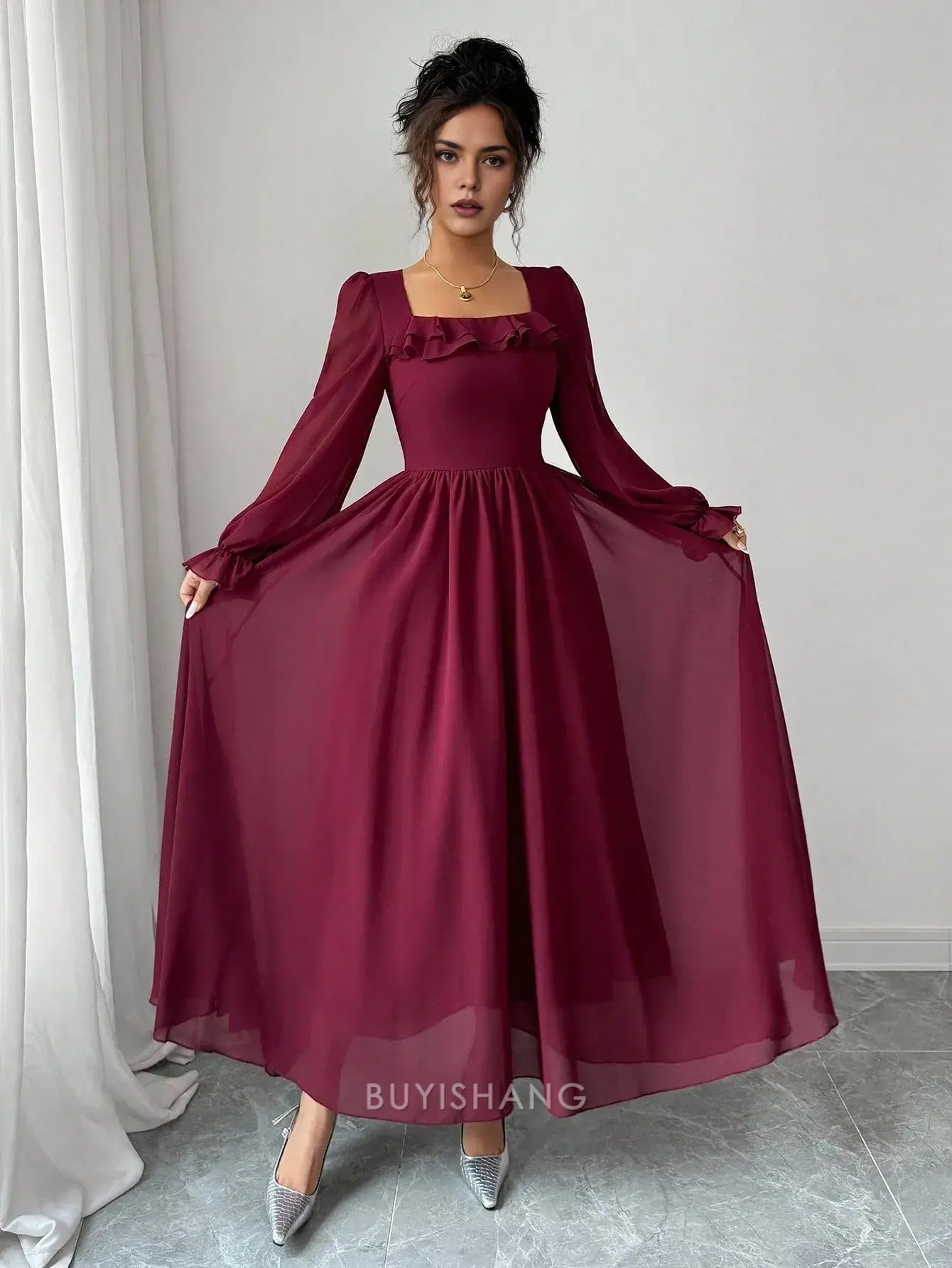 Elegant A-Line Square Neck Ruffle Detail Long Sleeve Chiffon Maxi Dress Prom Dress