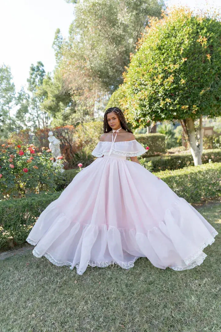 Elegant A-Line Strapless Off - Shoulder Ruffle Lace Trim Chiffon Maxi Dress Prom Dresses