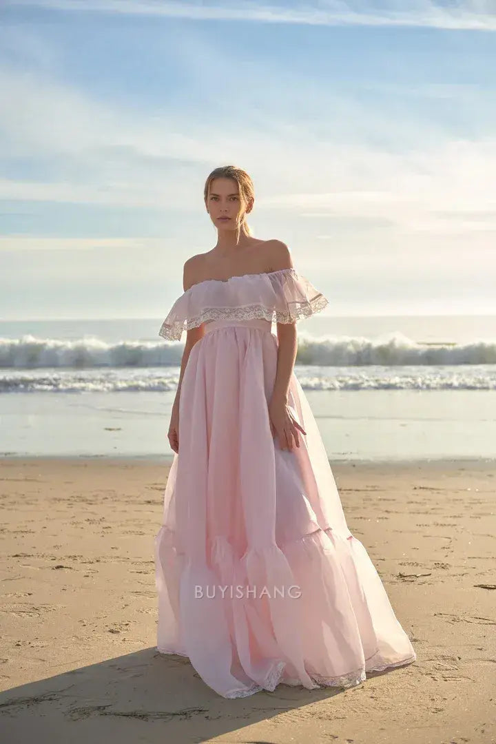 Elegant A-Line Strapless Off - Shoulder Ruffle Lace Trim Chiffon Maxi Dress Prom Dresses