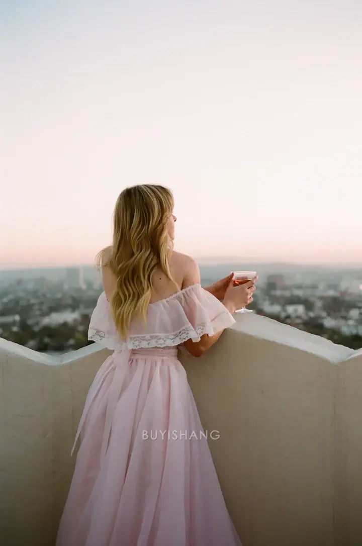 Elegant A-Line Strapless Off - Shoulder Ruffle Lace Trim Chiffon Maxi Dress Prom Dresses