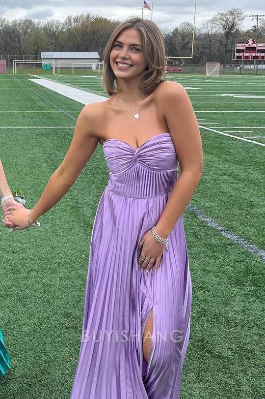 Elegant A-Line Strapless Pleated Maxi Dress with Side Slit prom dress