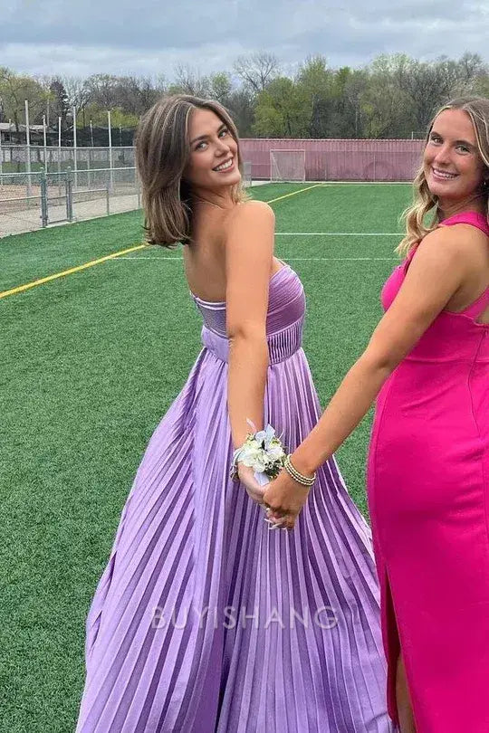 Elegant A-Line Strapless Pleated Maxi Dress with Side Slit prom dress