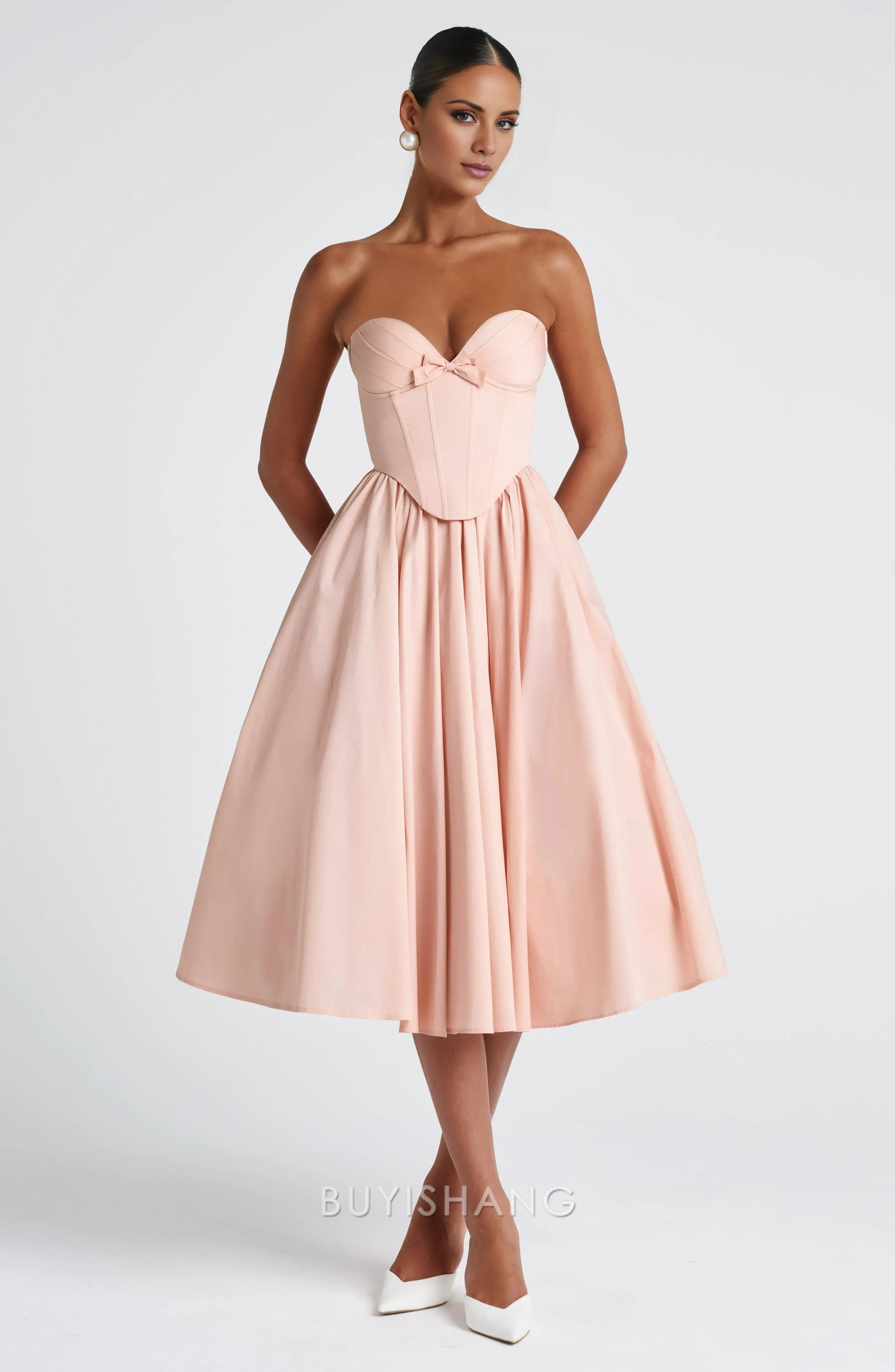 Elegant A-Line Strapless Sleeveless Lace Up Tea-Length Prom Dress