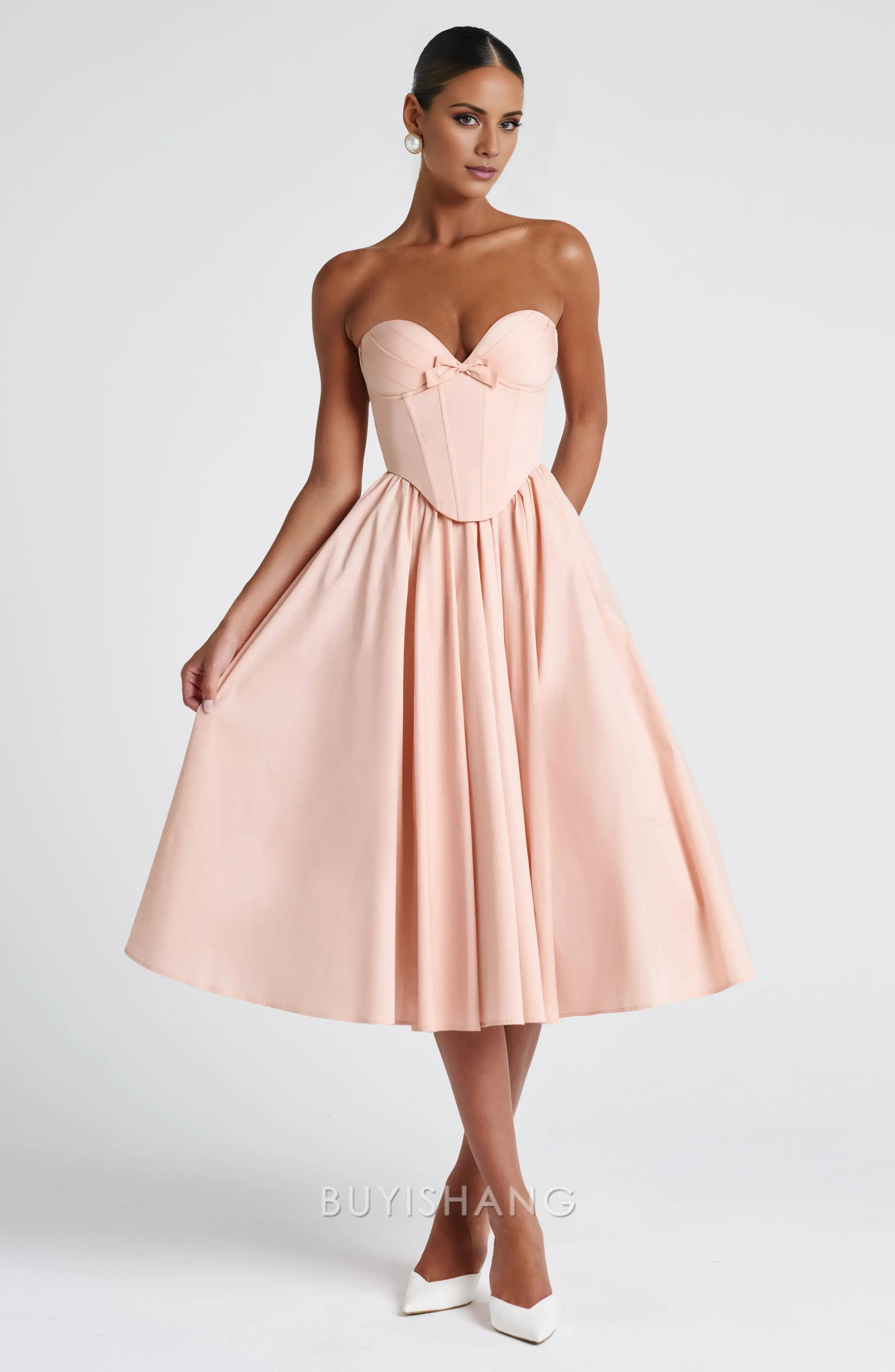 Elegant A-Line Strapless Sleeveless Lace Up Tea-Length Prom Dress