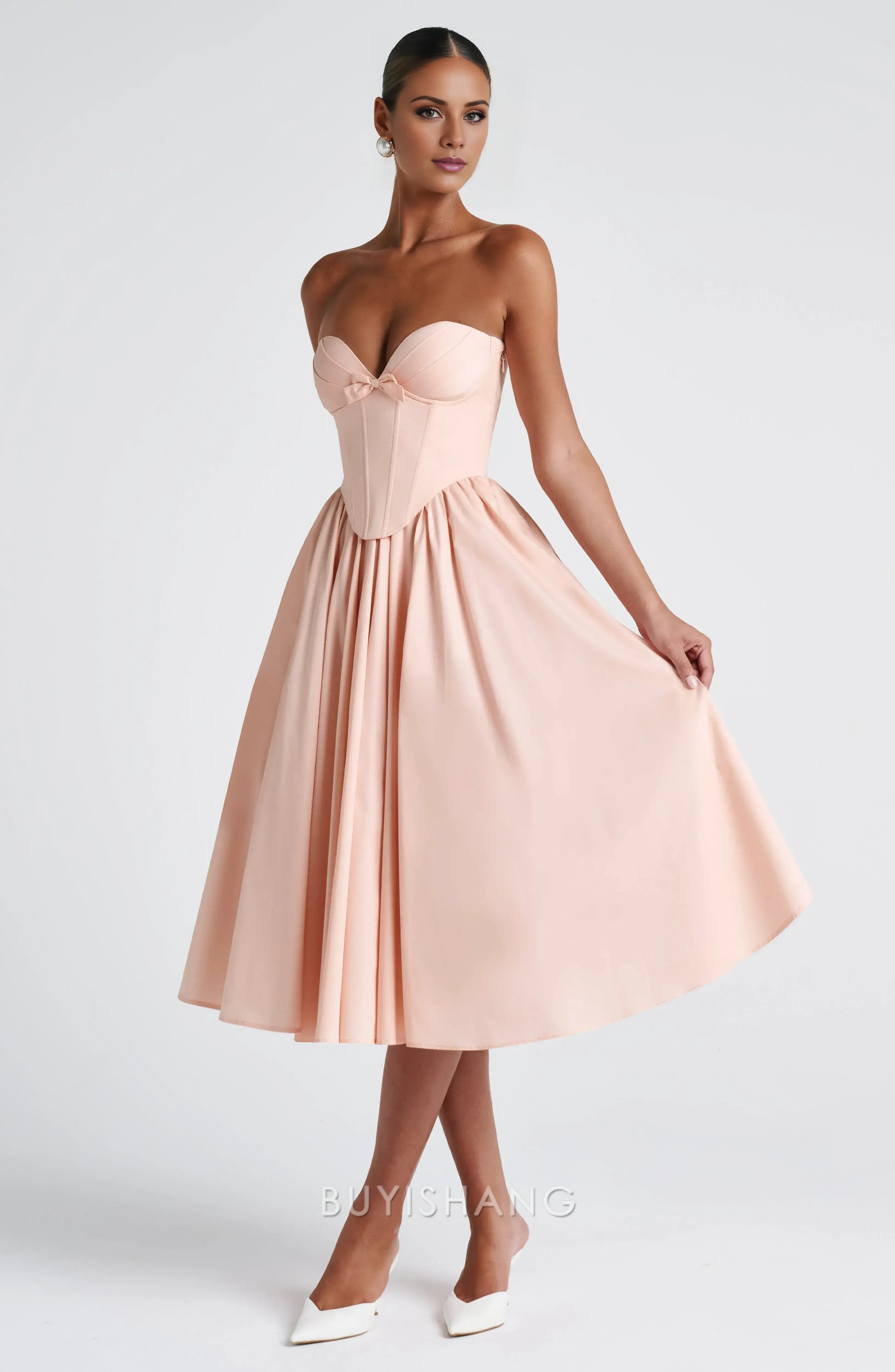 Elegant A-Line Strapless Sleeveless Lace Up Tea-Length Prom Dress
