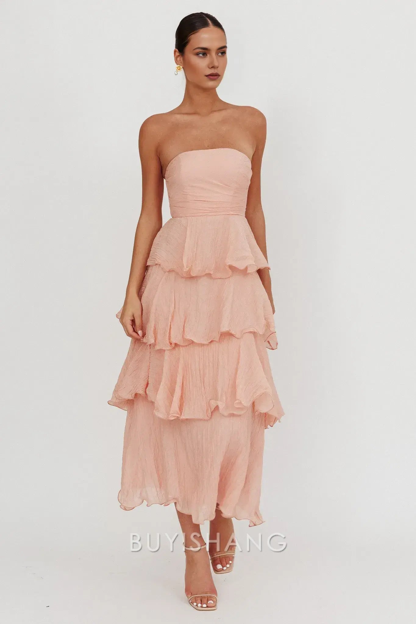 Elegant A-Line Strapless Tiered Ankle-Length Back Zip prom dress