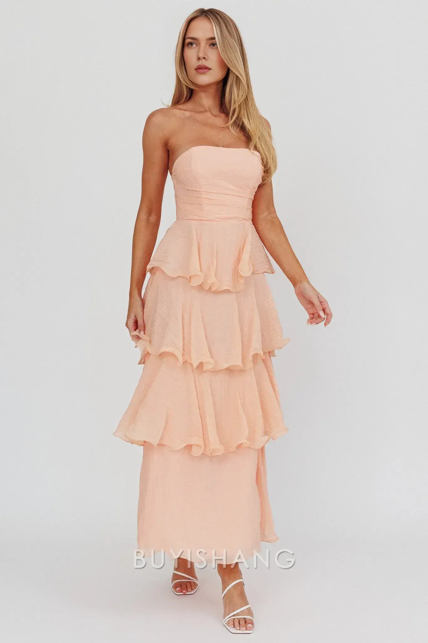 Elegant A-Line Strapless Tiered Ankle-Length Back Zip prom dress
