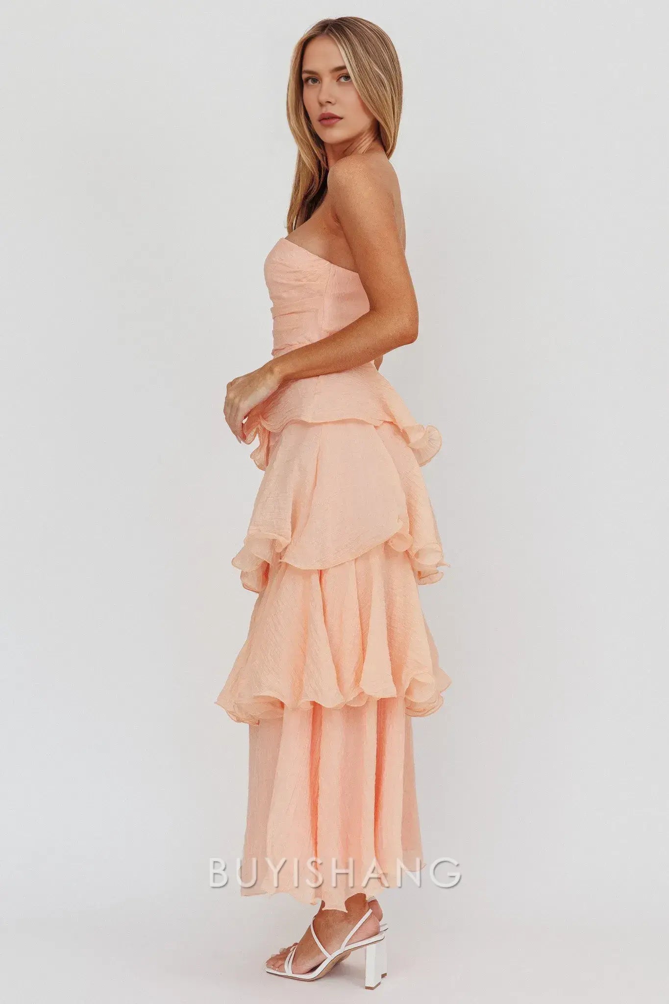 Elegant A-Line Strapless Tiered Ankle-Length Back Zip prom dress