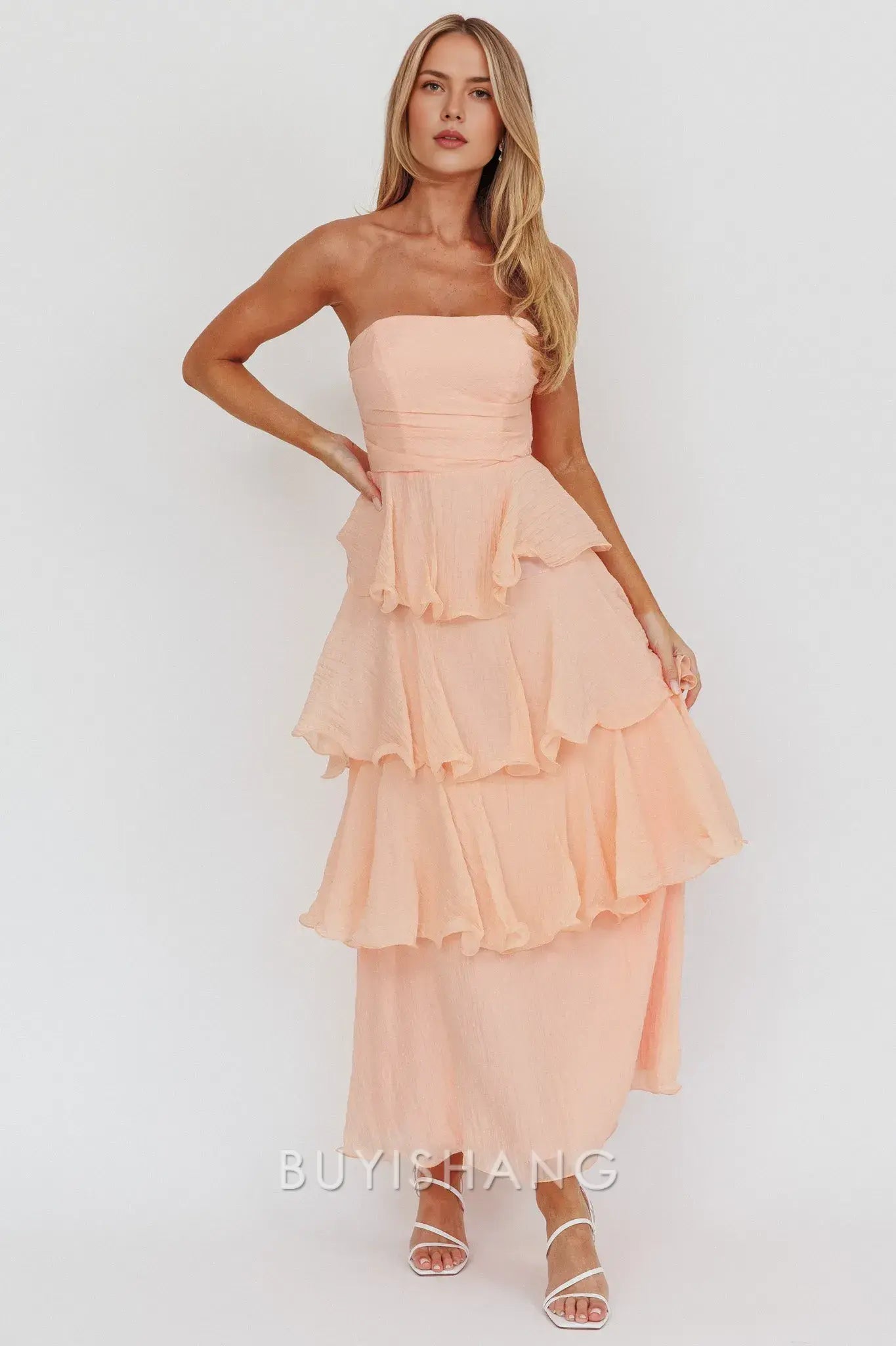 Elegant A-Line Strapless Tiered Ankle-Length Back Zip prom dress