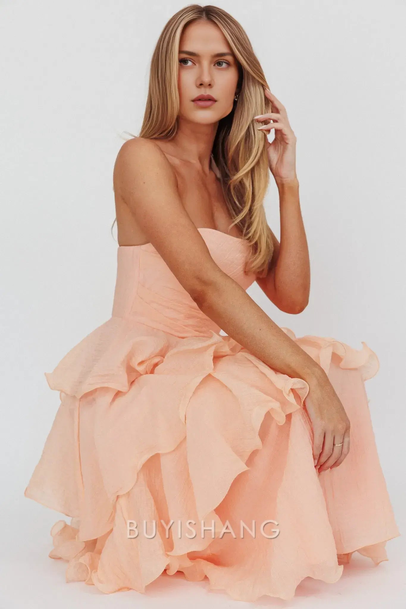 Elegant A-Line Strapless Tiered Ankle-Length Back Zip prom dress