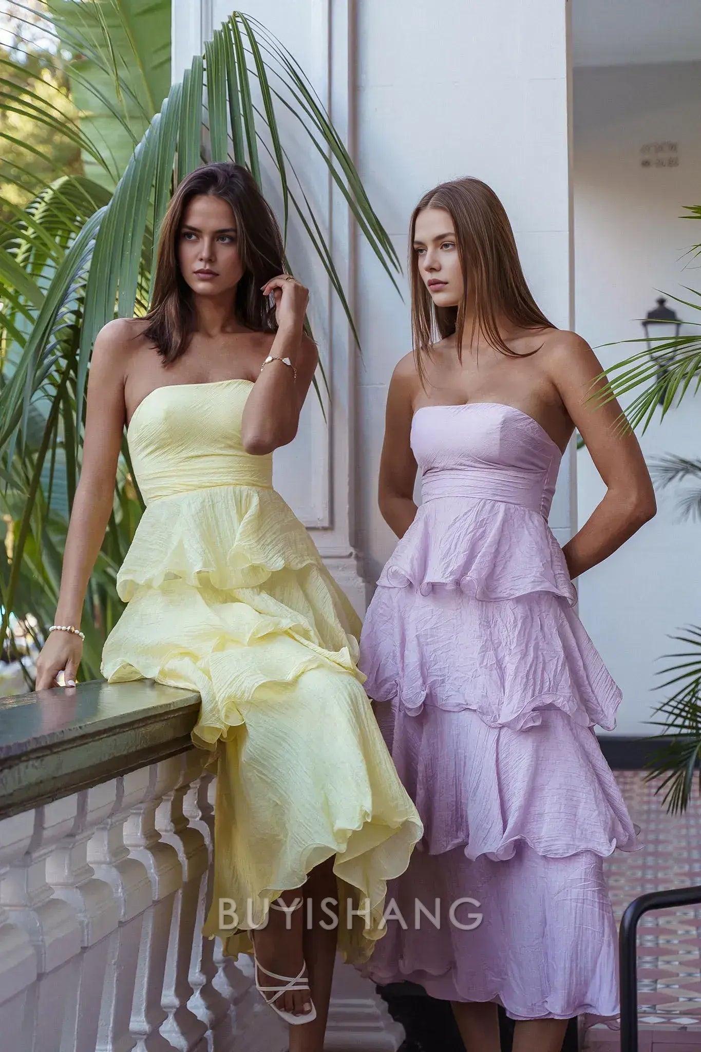 Elegant A-Line Strapless Tiered Ankle-Length Back Zip prom dress