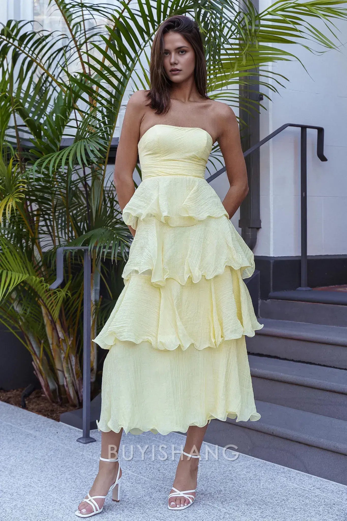 Elegant A-Line Strapless Tiered Ankle-Length Back Zip prom dress