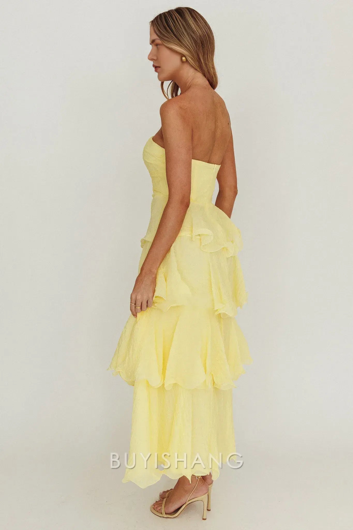 Elegant A-Line Strapless Tiered Ankle-Length Back Zip prom dress