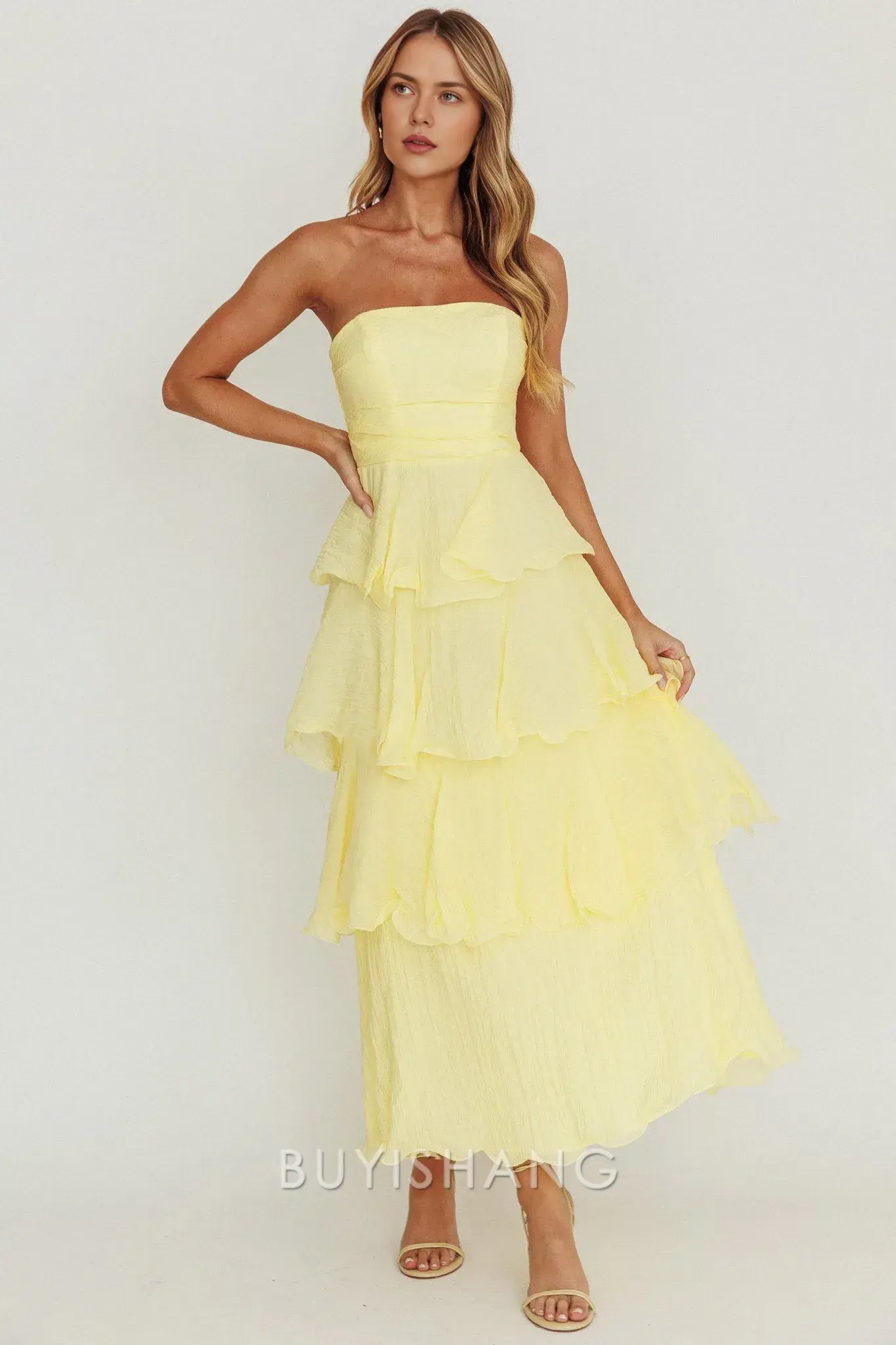 Elegant A-Line Strapless Tiered Ankle-Length Back Zip prom dress