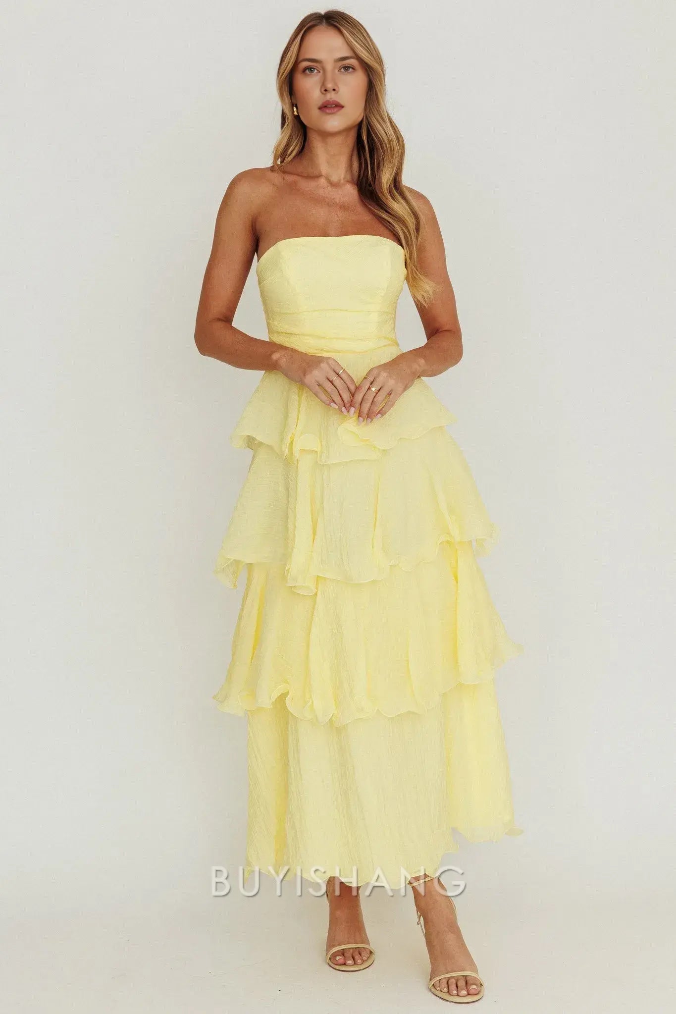 Elegant A-Line Strapless Tiered Ankle-Length Back Zip prom dress