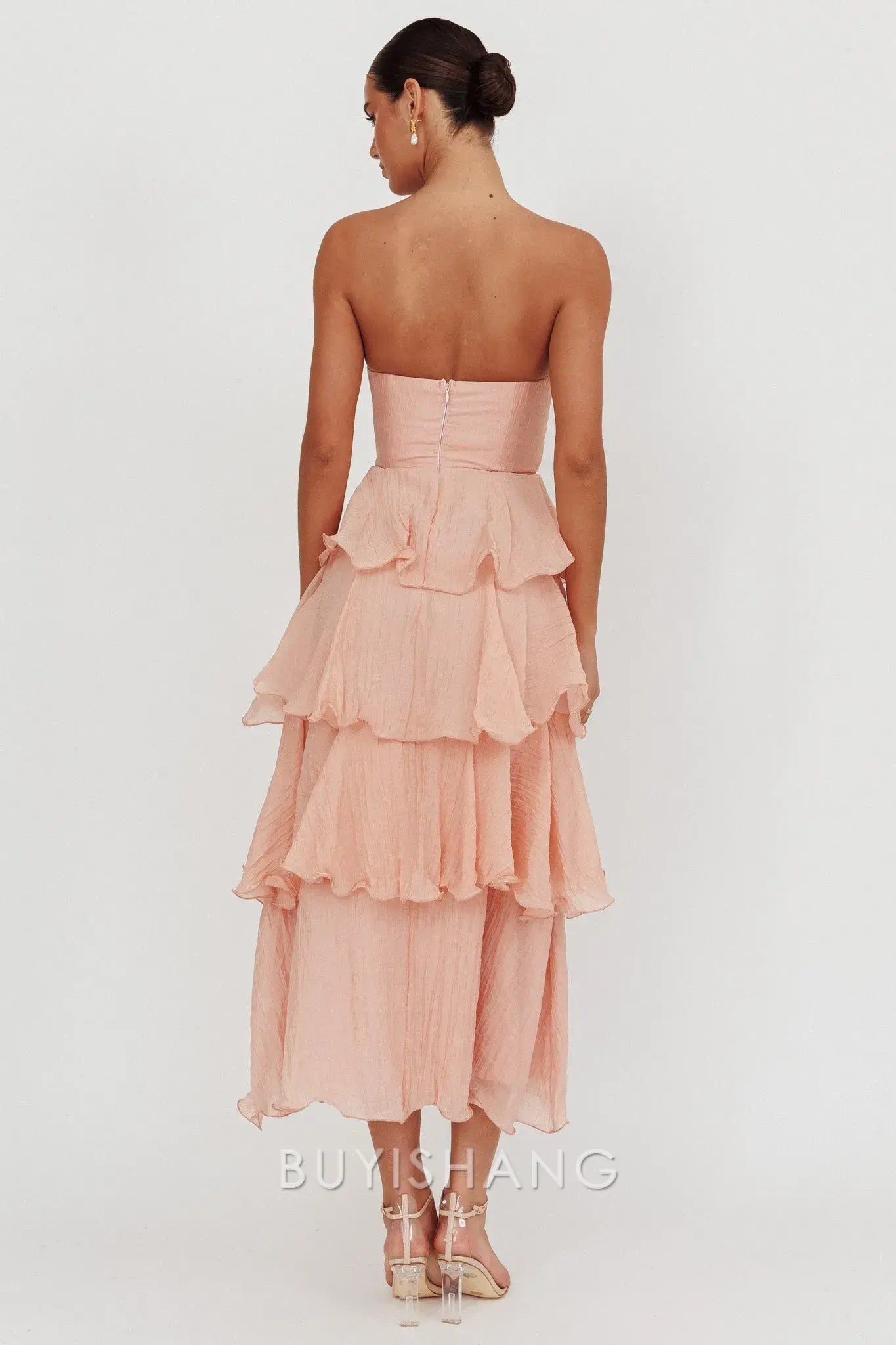 Elegant A-Line Strapless Tiered Ankle-Length Back Zip prom dress