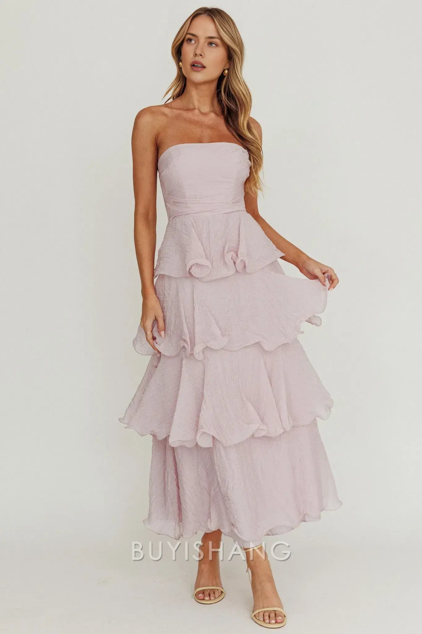 Elegant A-Line Strapless Tiered Ankle-Length Back Zip prom dress