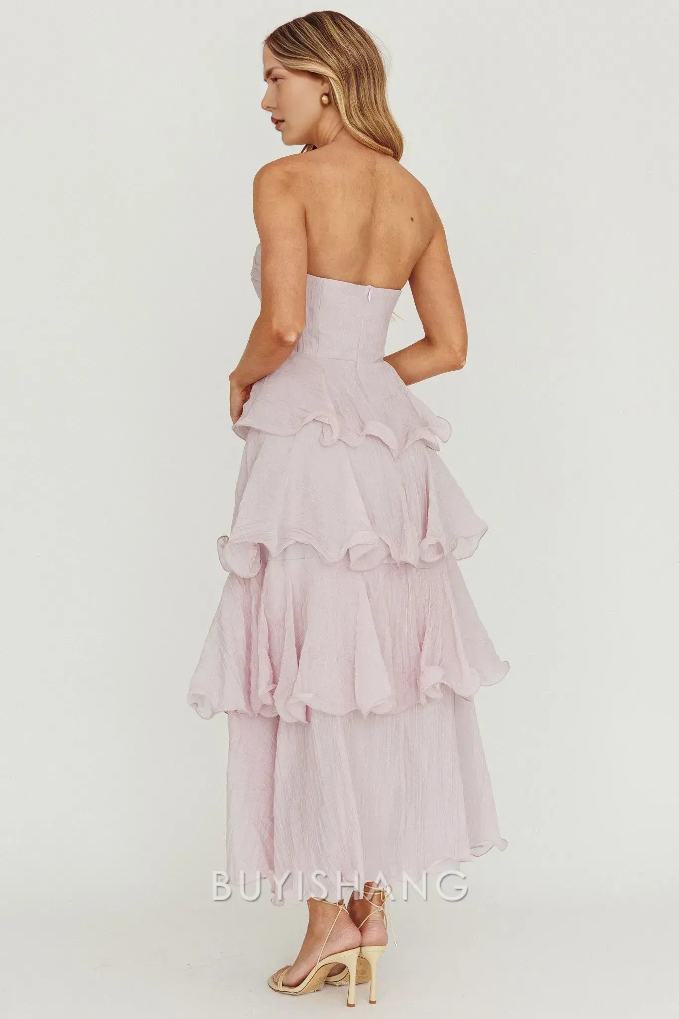 Elegant A-Line Strapless Tiered Ankle-Length Back Zip prom dress