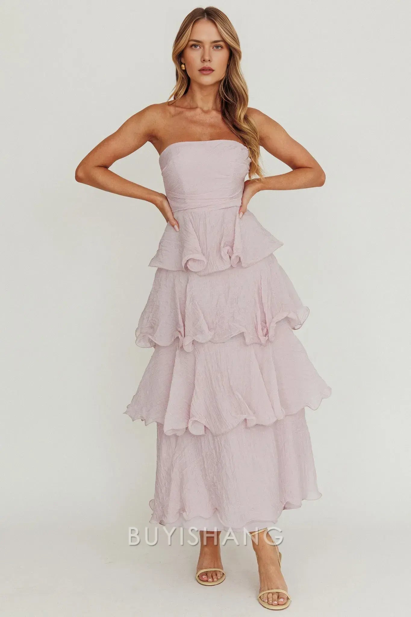 Elegant A-Line Strapless Tiered Ankle-Length Back Zip prom dress