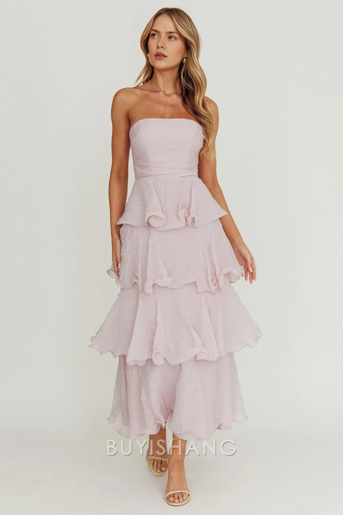 Elegant A-Line Strapless Tiered Ankle-Length Back Zip prom dress