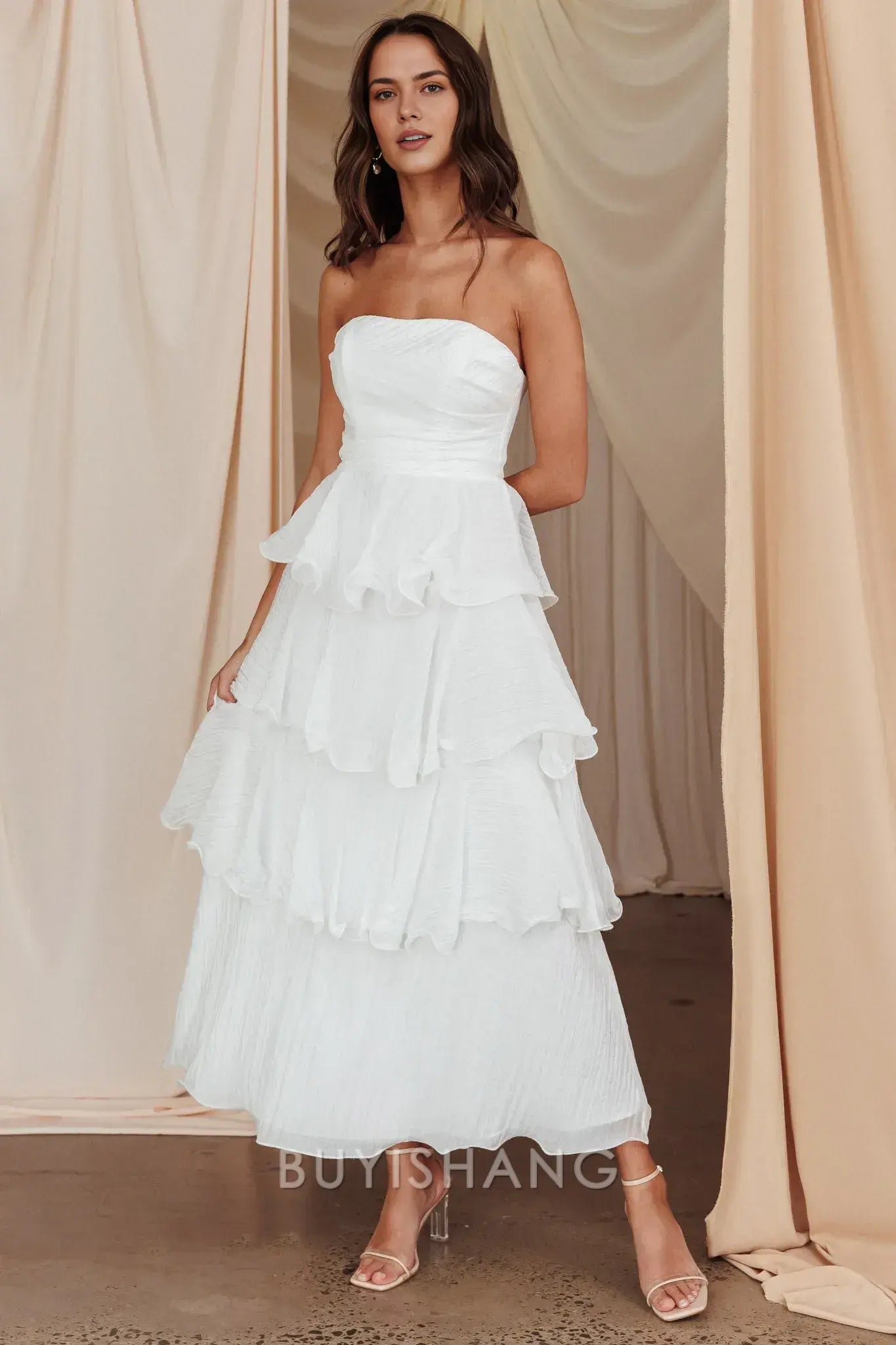 Elegant A-Line Strapless Tiered Ankle-Length Back Zip prom dress