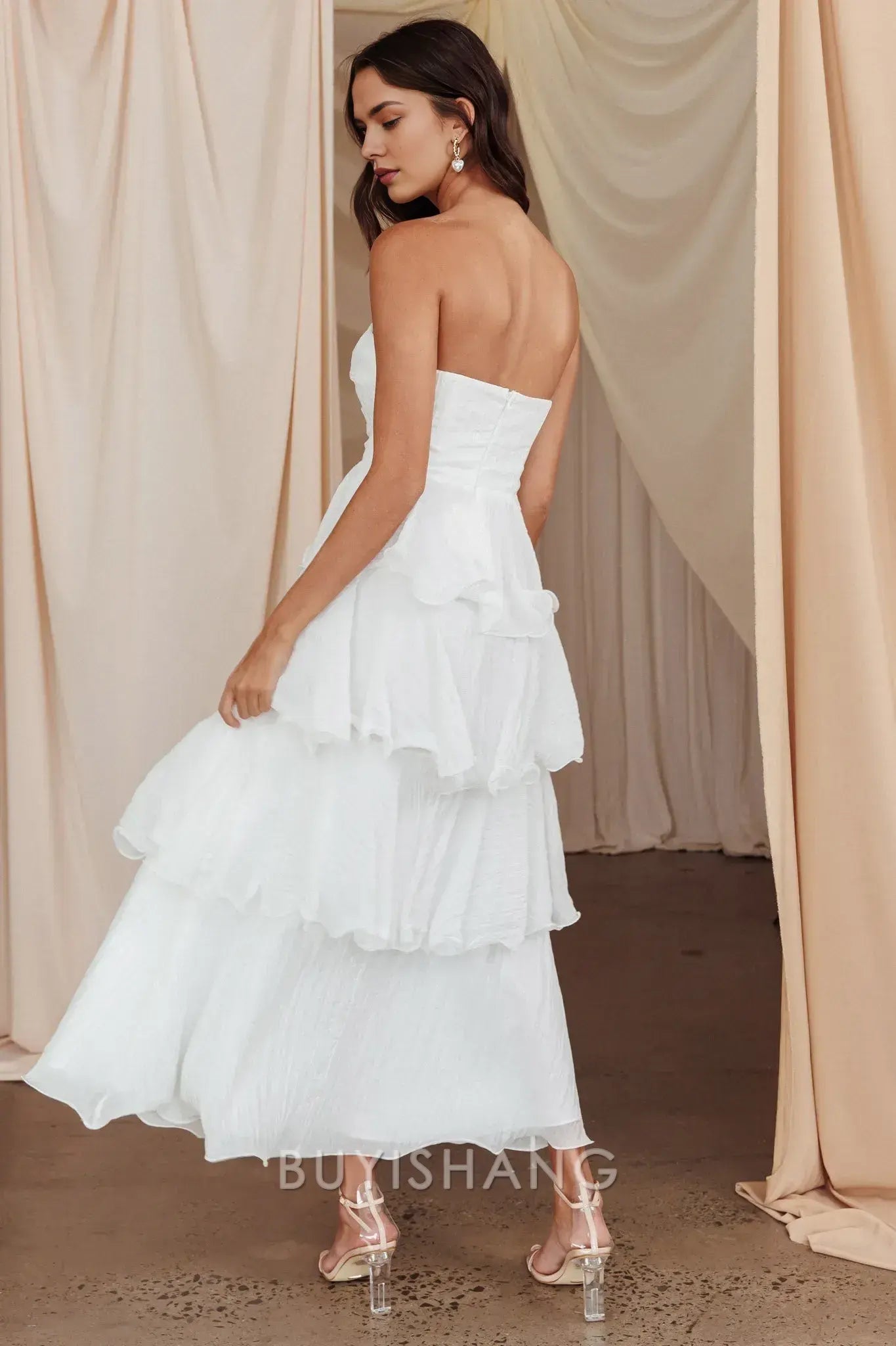 Elegant A-Line Strapless Tiered Ankle-Length Back Zip prom dress