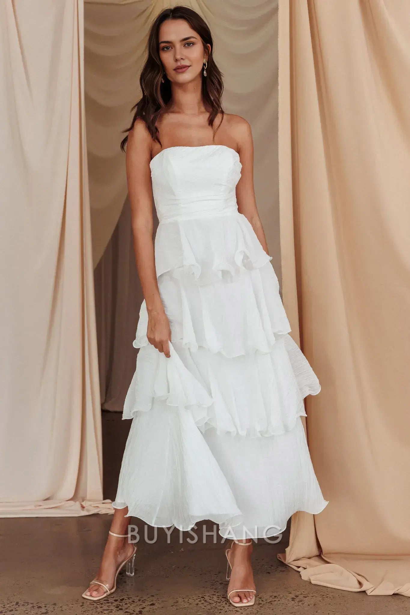 Elegant A-Line Strapless Tiered Ankle-Length Back Zip prom dress