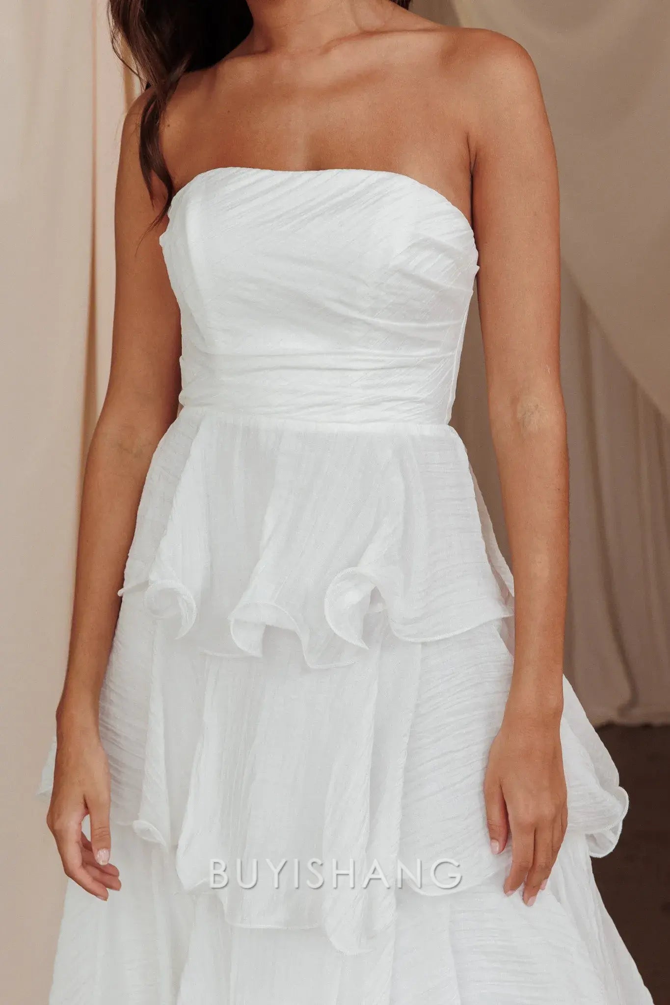 Elegant A-Line Strapless Tiered Ankle-Length Back Zip prom dress