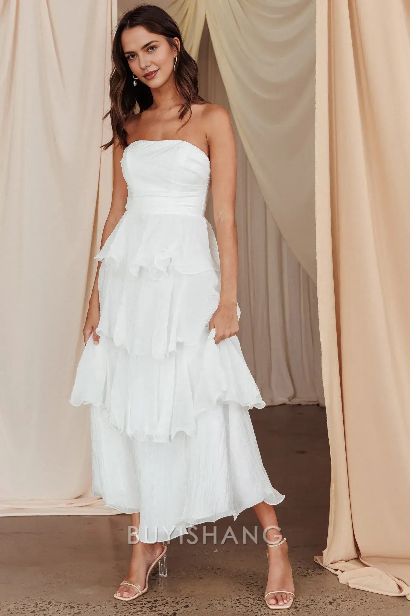 Elegant A-Line Strapless Tiered Ankle-Length Back Zip prom dress