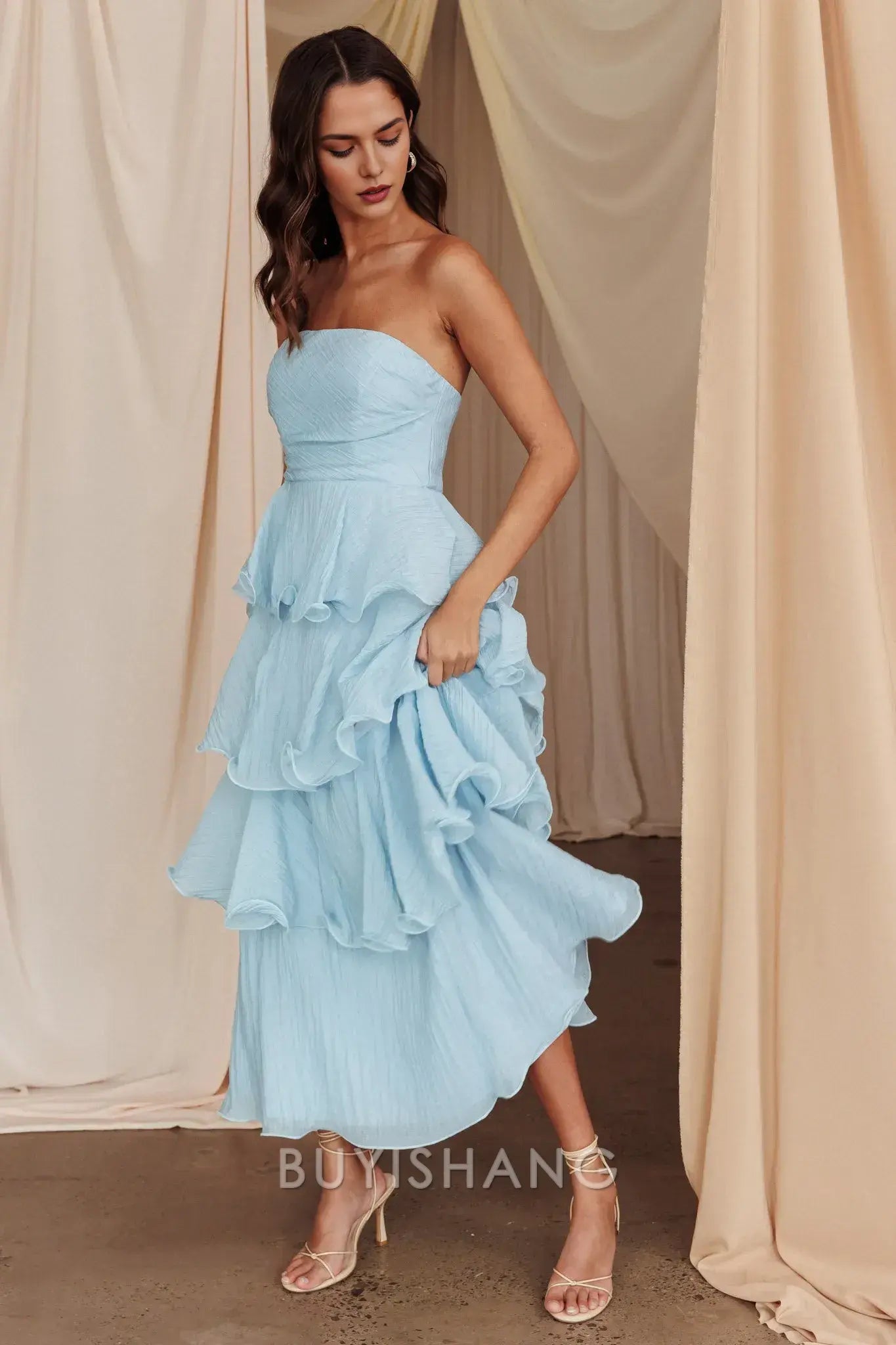 Elegant A-Line Strapless Tiered Ankle-Length Back Zip prom dress