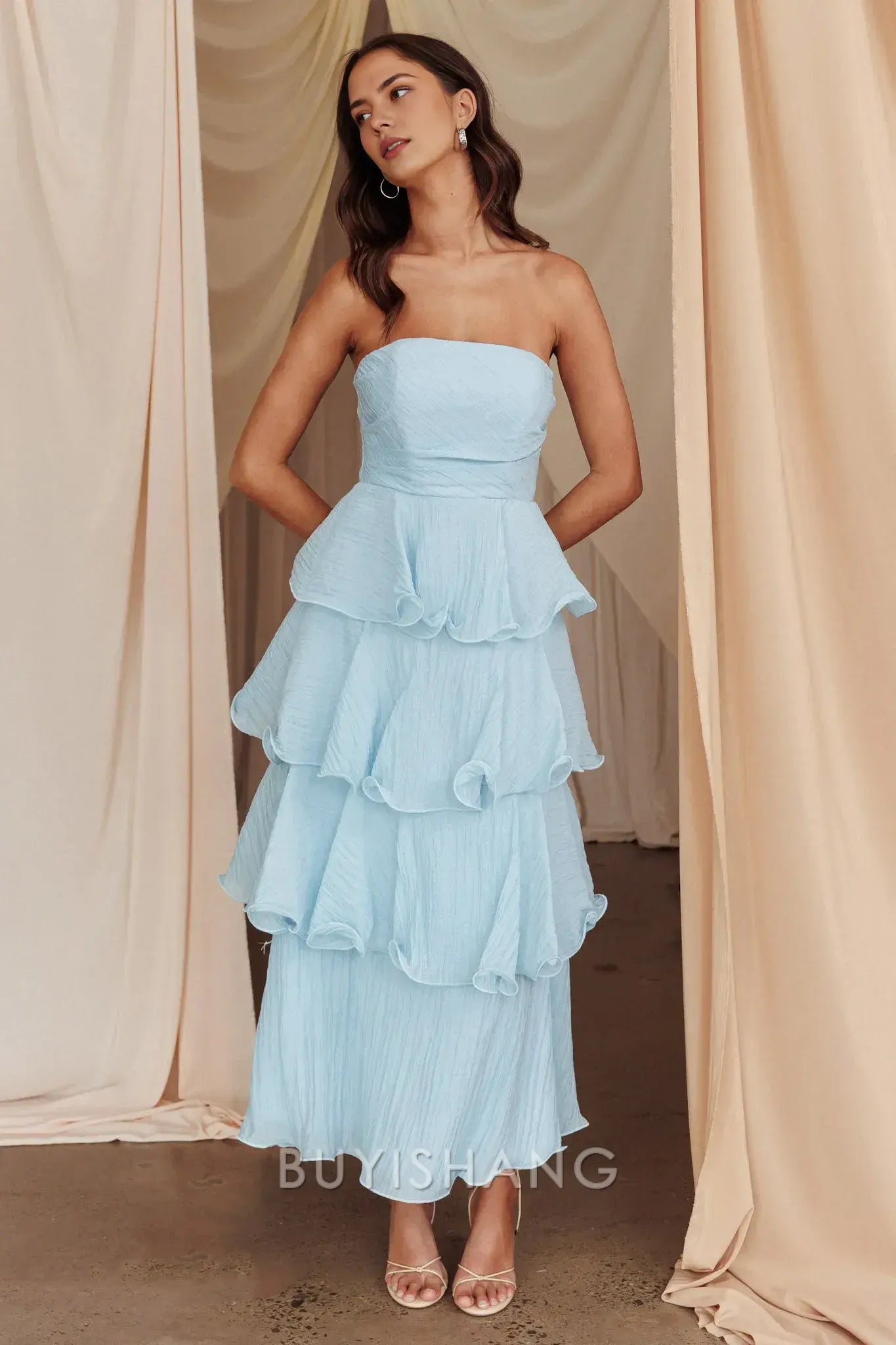 Elegant A-Line Strapless Tiered Ankle-Length Back Zip prom dress