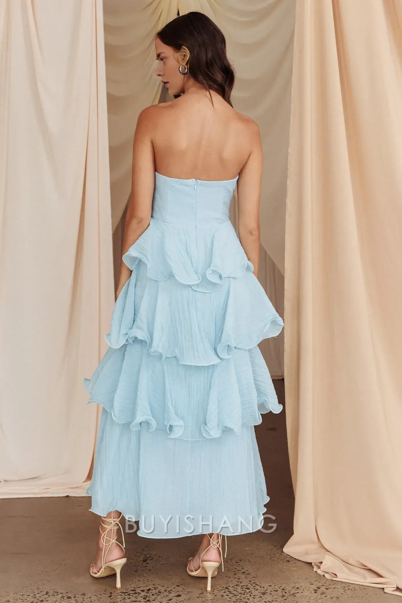 Elegant A-Line Strapless Tiered Ankle-Length Back Zip prom dress