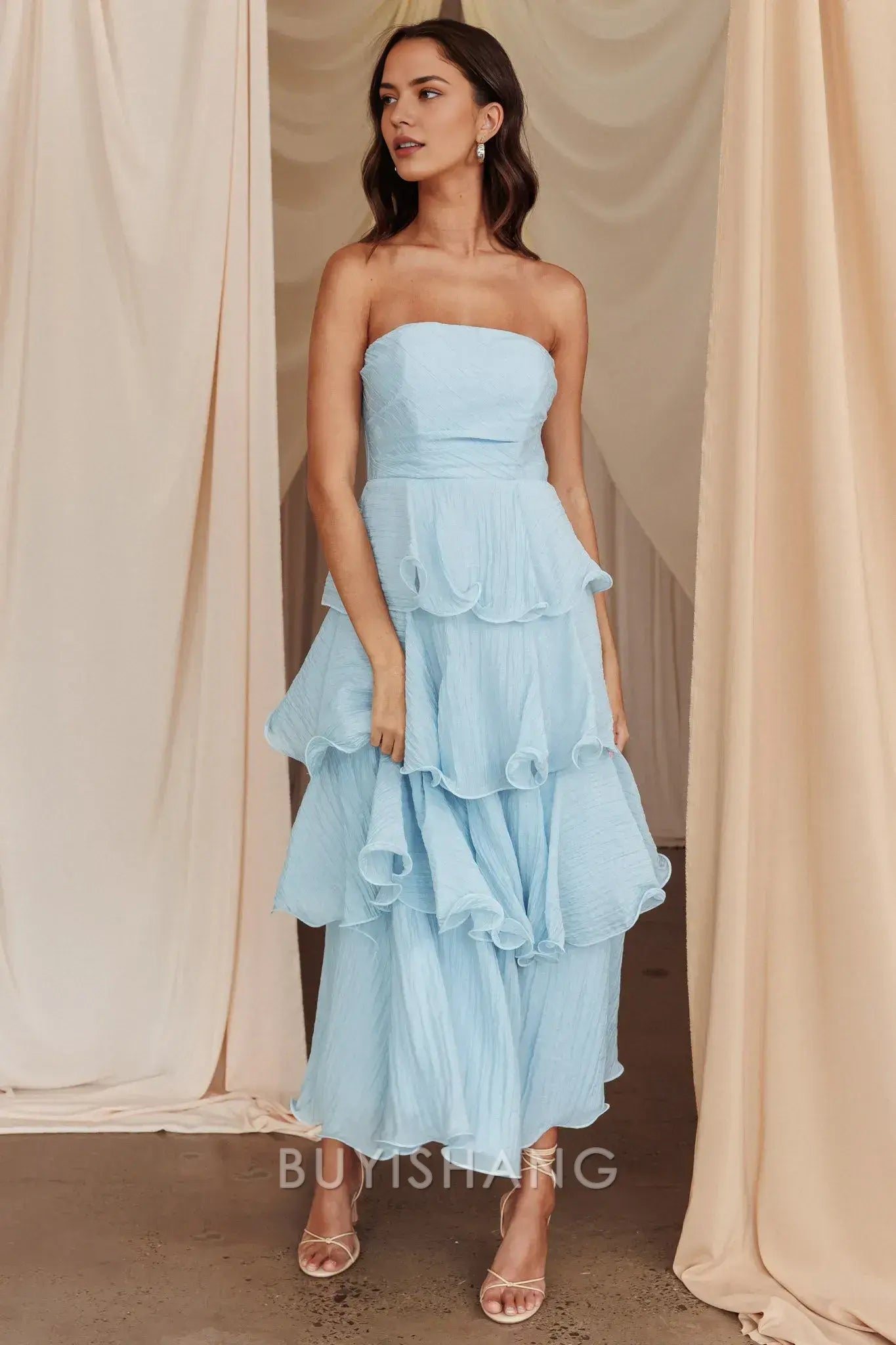 Elegant A-Line Strapless Tiered Ankle-Length Back Zip prom dress