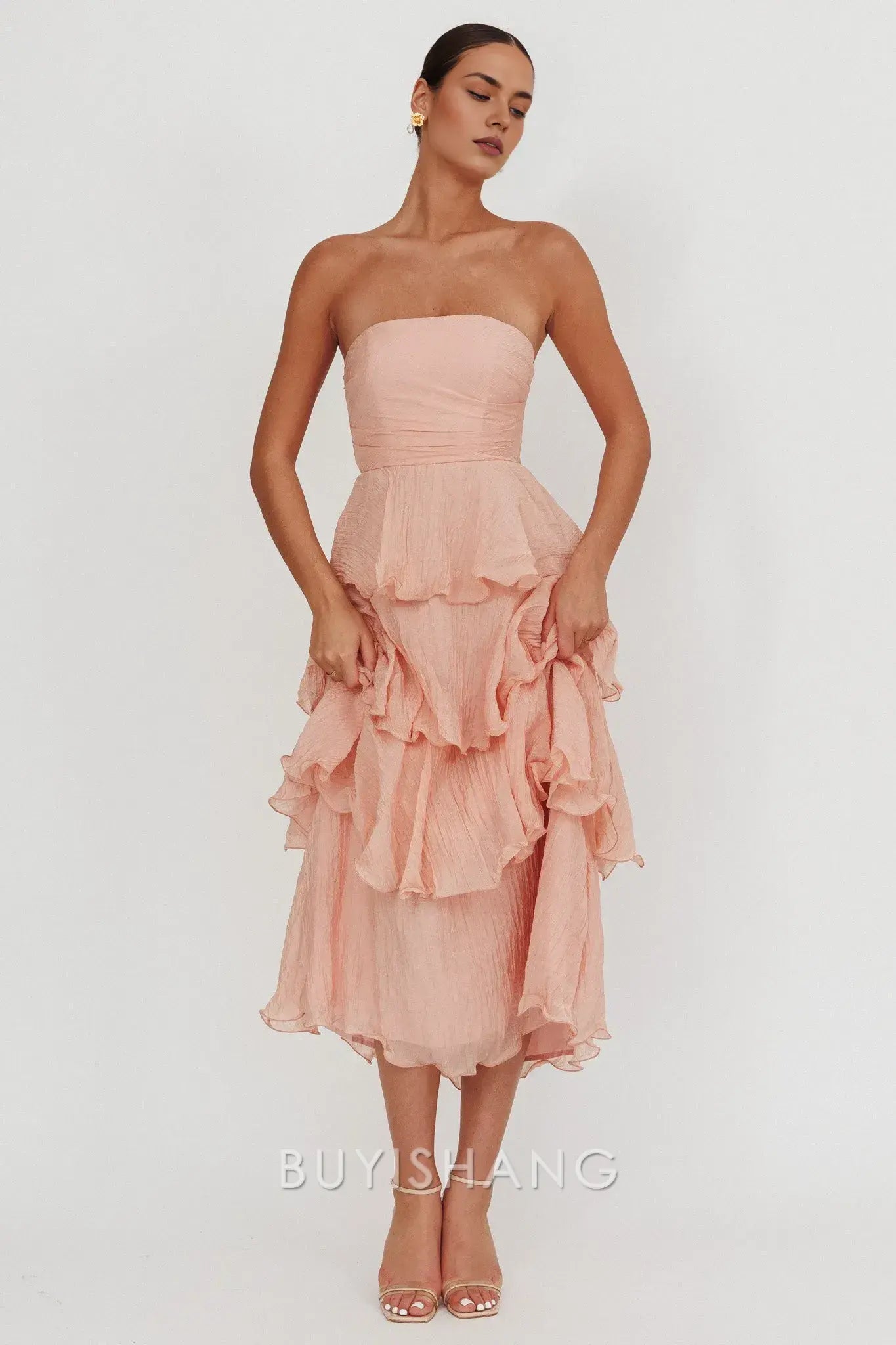 Elegant A-Line Strapless Tiered Ankle-Length Back Zip prom dress
