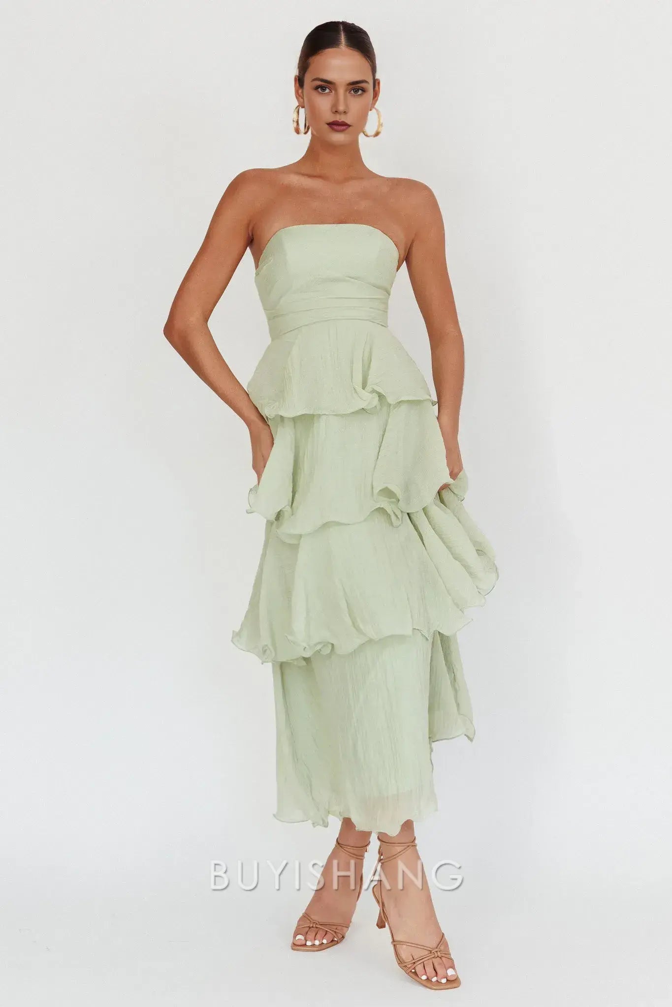 Elegant A-Line Strapless Tiered Ankle-Length Back Zip prom dress