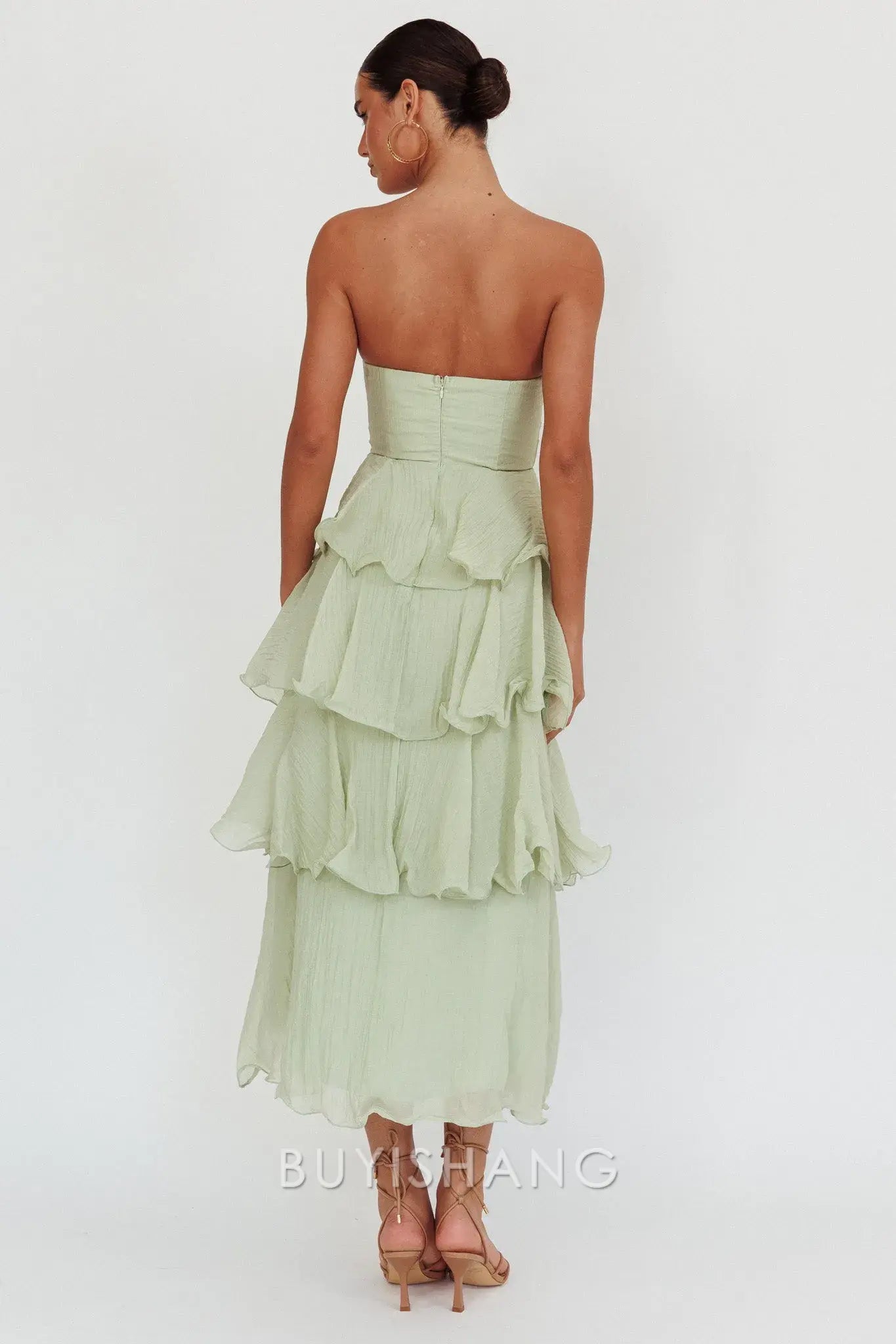 Elegant A-Line Strapless Tiered Ankle-Length Back Zip prom dress