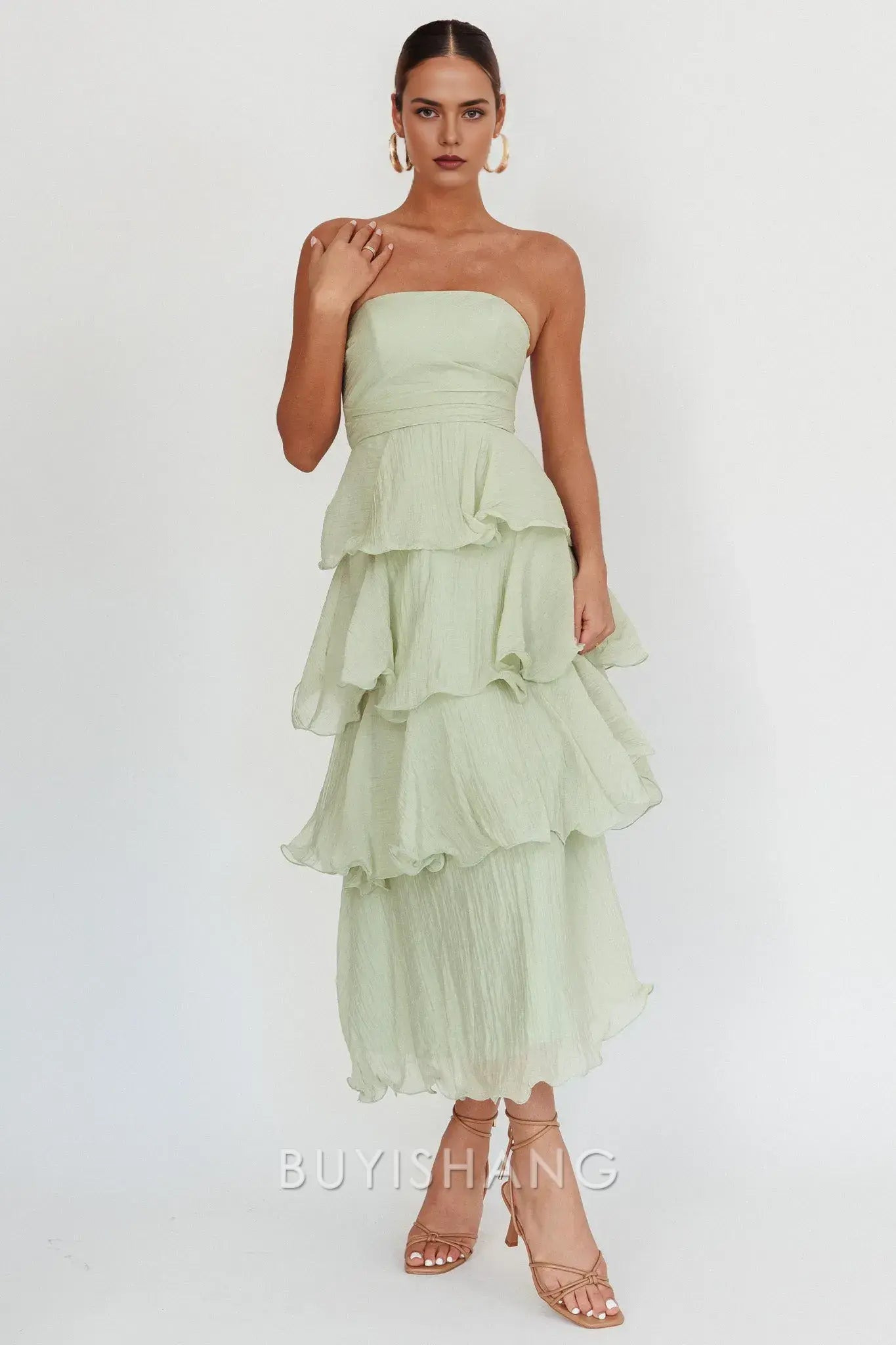 Elegant A-Line Strapless Tiered Ankle-Length Back Zip prom dress