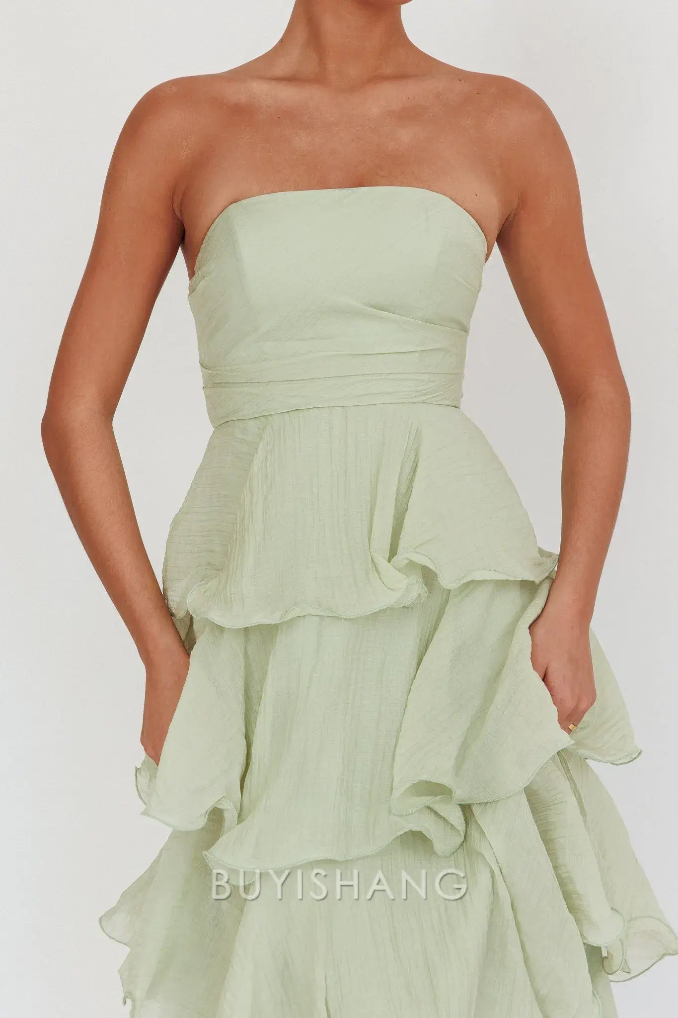 Elegant A-Line Strapless Tiered Ankle-Length Back Zip prom dress