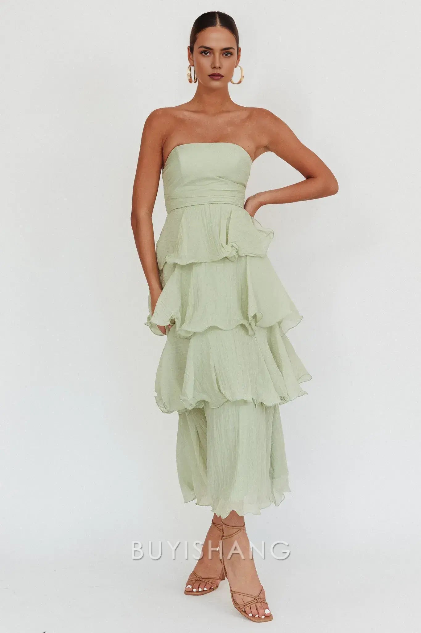 Elegant A-Line Strapless Tiered Ankle-Length Back Zip prom dress