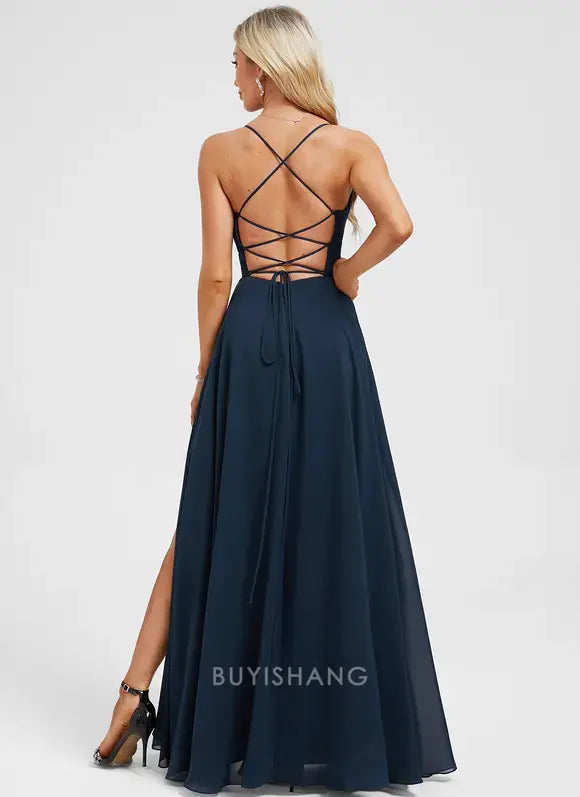 Elegant A-line Crisscross Back V-Neck Side Slit Chiffon Floor-Length Maxi Dress With Pleated Prom Dresses