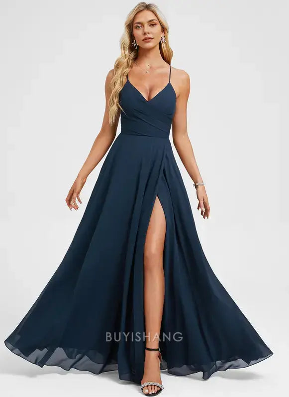 Elegant A-line Crisscross Back V-Neck Side Slit Chiffon Floor-Length Maxi Dress With Pleated Prom Dresses