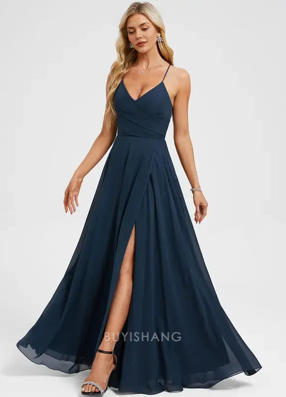 Elegant A-line Crisscross Back V-Neck Side Slit Chiffon Floor-Length Maxi Dress With Pleated Prom Dresses