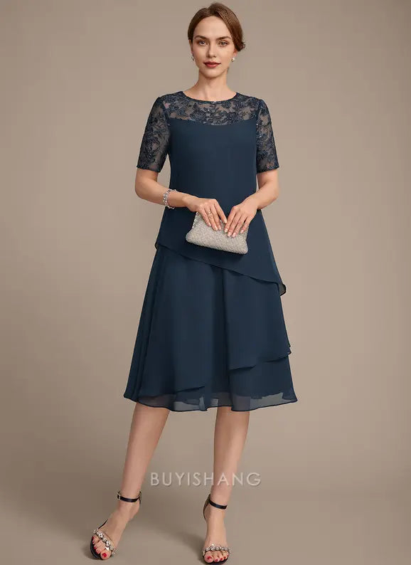 Elegant A-line Scoop Illusion Knee-Length Lace Chiffon Mother of the Bride Dress With Sequins Prom Dresses