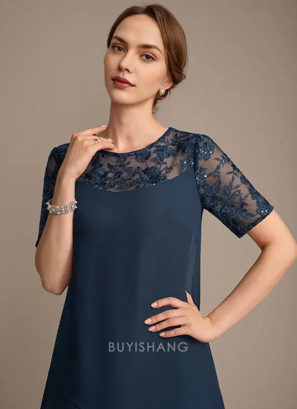 Elegant A-line Scoop Illusion Knee-Length Lace Chiffon Mother of the Bride Dress With Sequins Prom Dresses