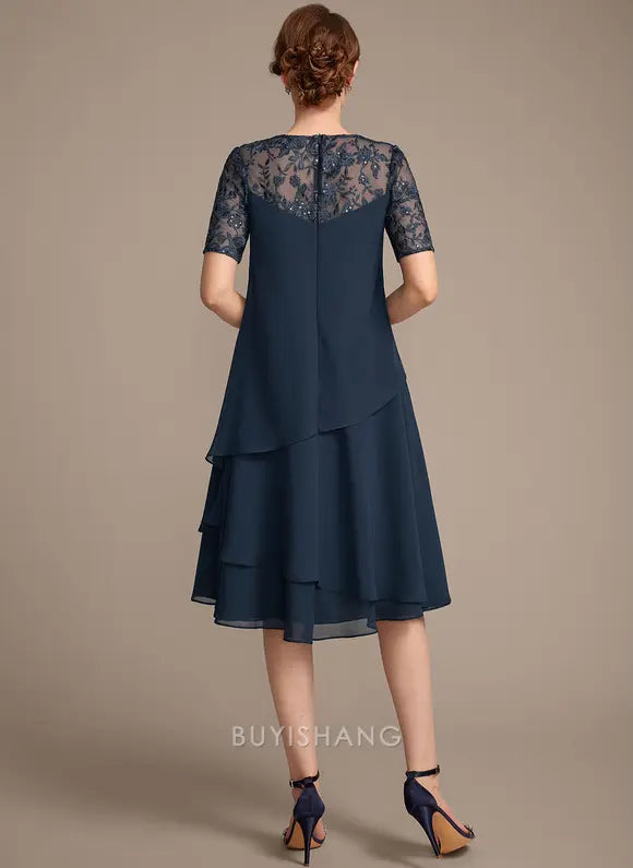 Elegant A-line Scoop Illusion Knee-Length Lace Chiffon Mother of the Bride Dress With Sequins Prom Dresses