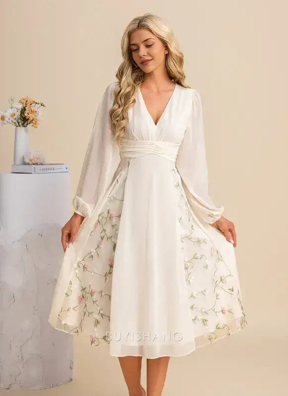 Elegant A-line V-Neck Long Sleeve Floral Embroidered Chiffon Midi Dress Prom Dresses